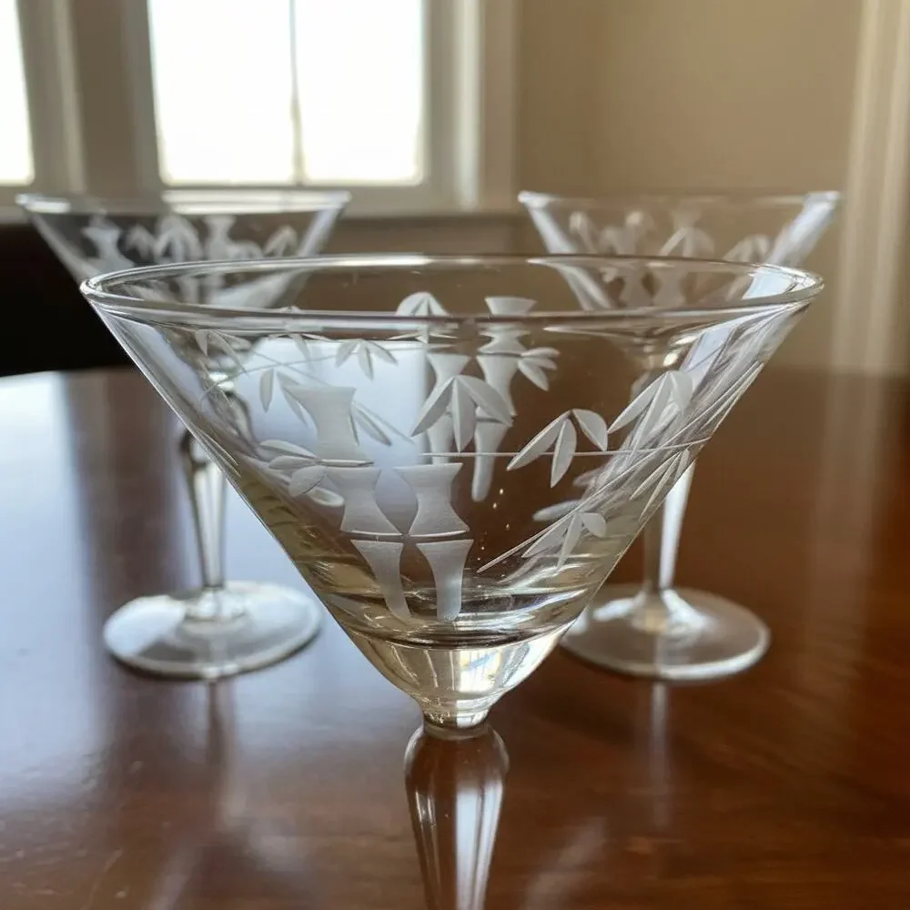 Sasaki Noritake Bamboo Etched Crystal Martini Cocktail Stemmed Glasses Set 3-MCM